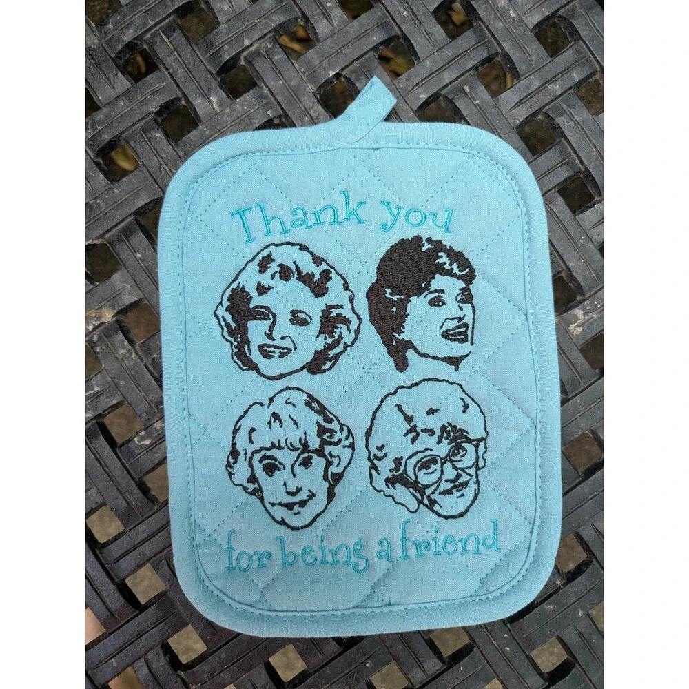Golden girls embroidered kitchen set. Hot pad/ trivet kitchen towel, oven mitt